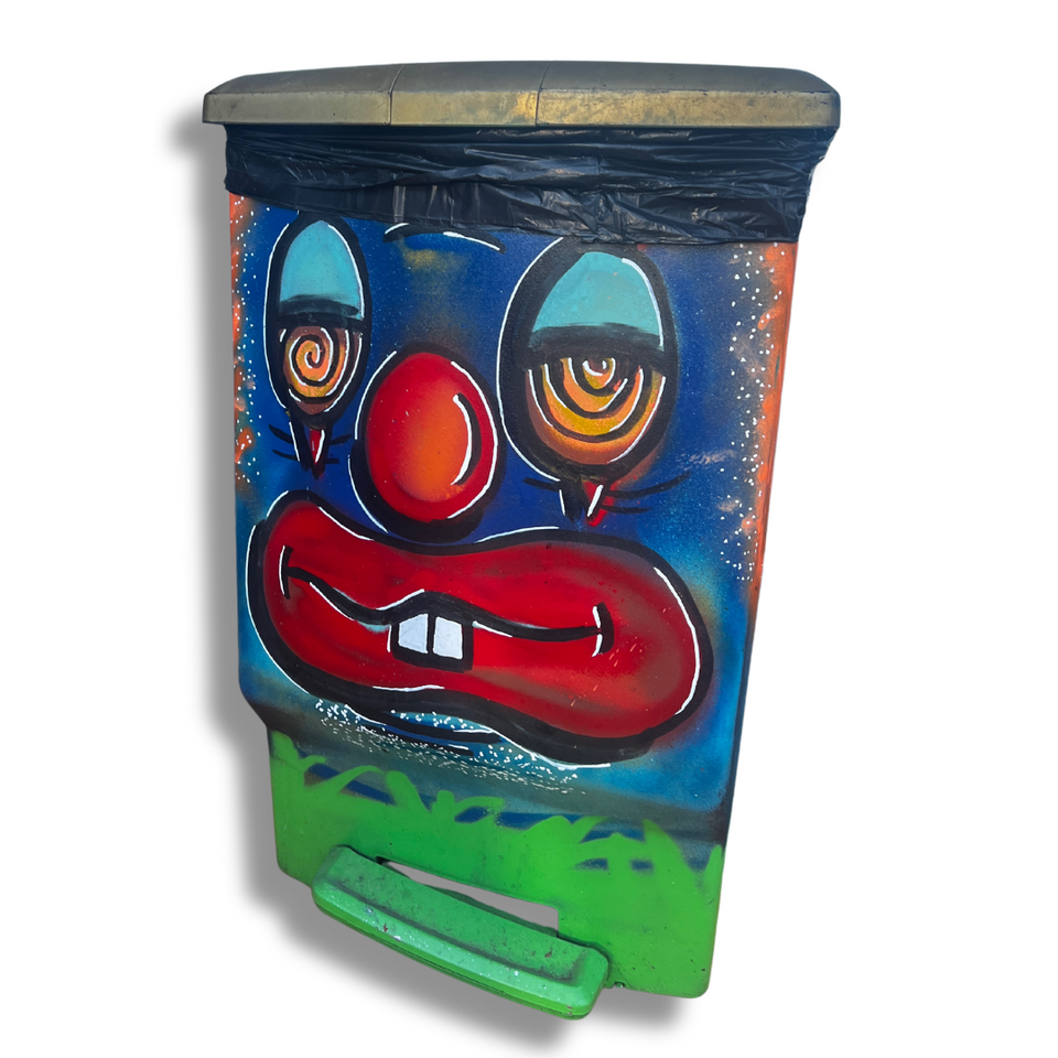 Photo of garbage eater decorative garbage can with Graffiti clown